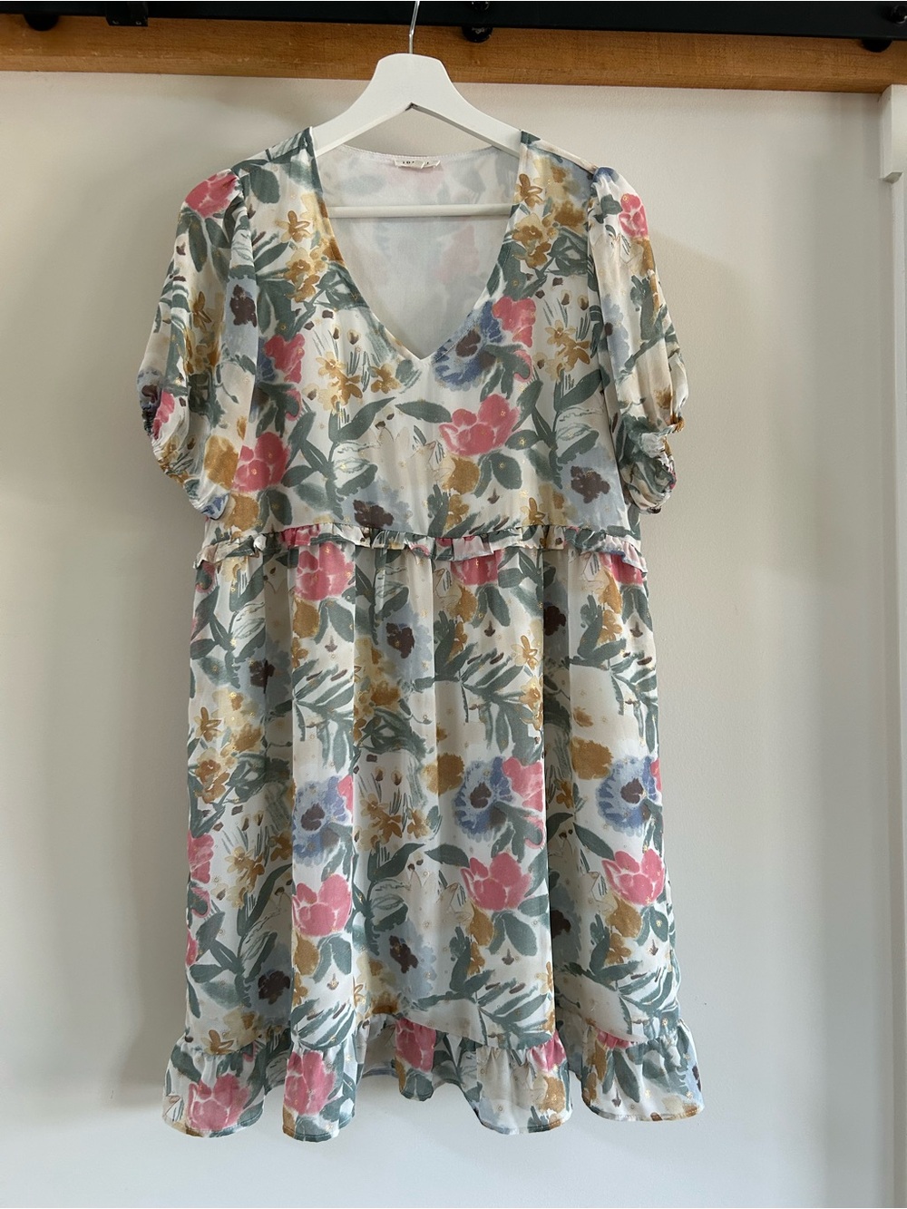 JODIFL Floral V-Neck Baby Doll Dress - Pink, Green & Gold